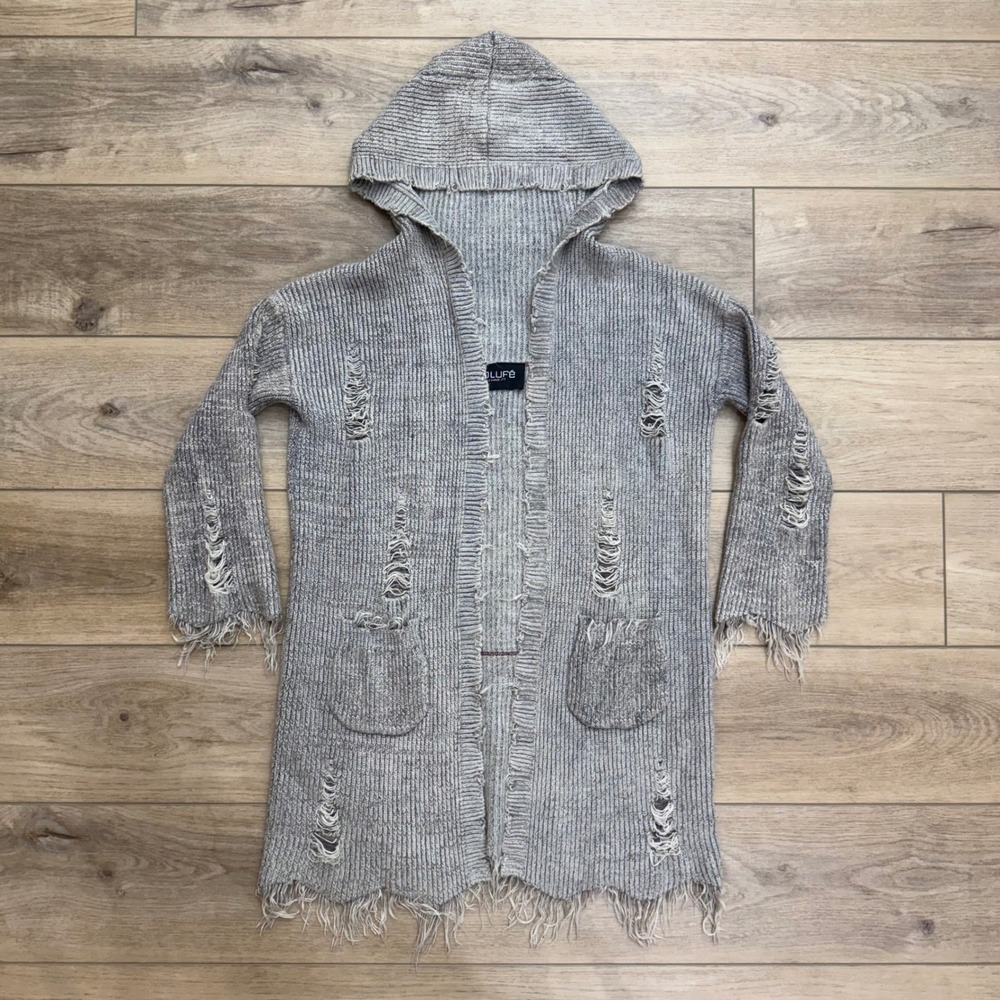 Grey‎ Distressed Knit Hooded Duster Cardigan Artsy Grunge Boho Medium Boutique